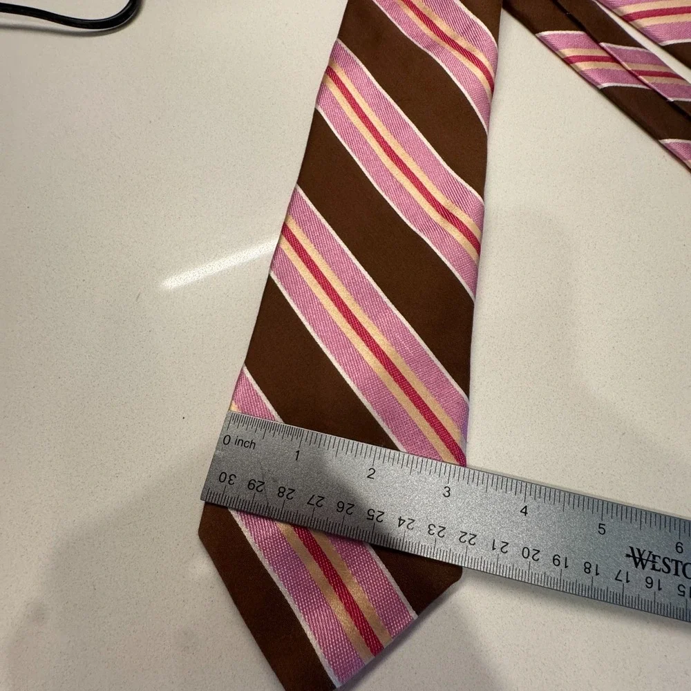 Vintage Ike Behar New York Tie Brown Pink Stripe Silk USA Made Necktie Old Money